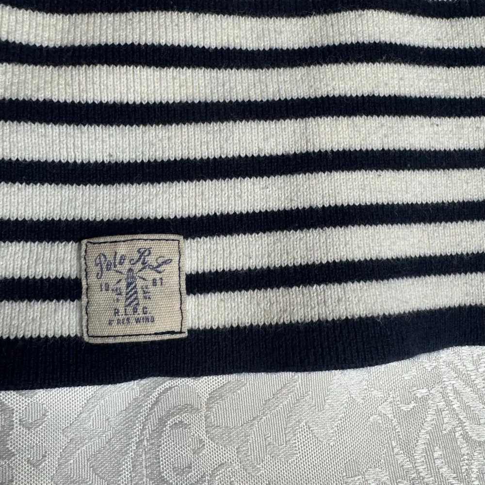 Girls Polo Ralph Lauren Sweater XL 16 White Navy Blue Striped Ruffle Shoulder